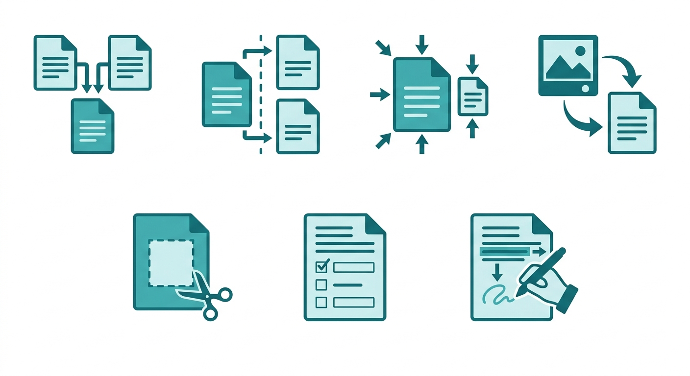 Infografika — 7 funkcji PDF Tools: łączenie, dzielenie, kompresja, konwersja, przycinanie, formularze, adnotacje